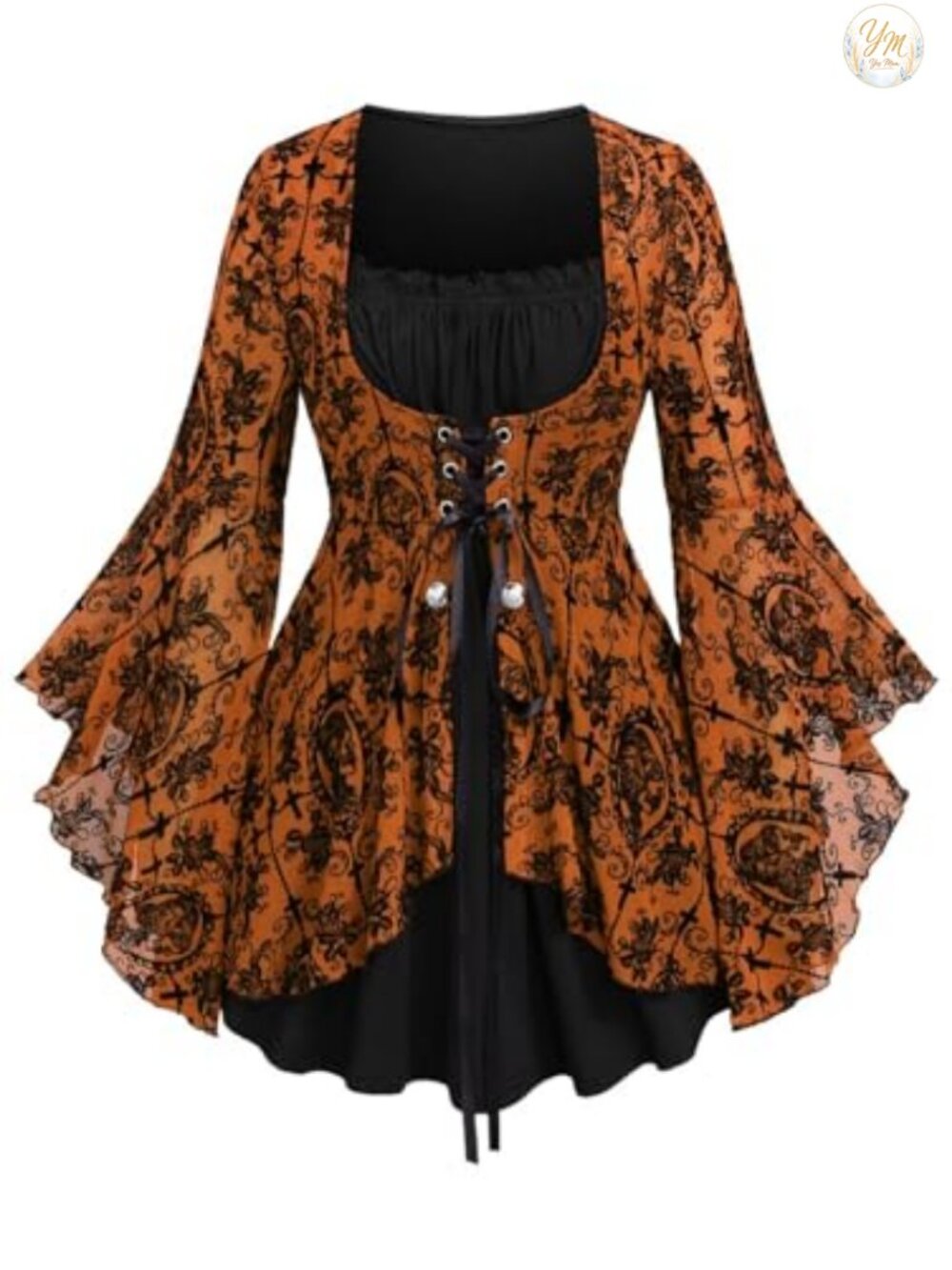 Plus Size Gothic Lace-Up Costume Top Long Sleeve Renaissance Tee